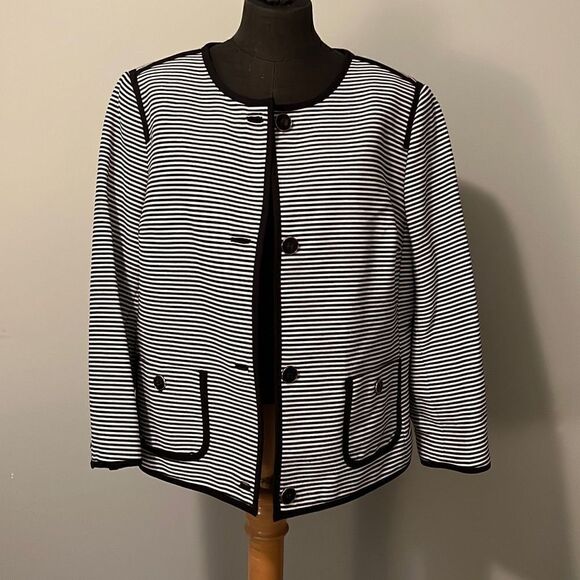 Talbots Women's Black White Striped Button Front 3/4 Sleeve Blazer Jacket Sz 16 - Picture 7 of 9